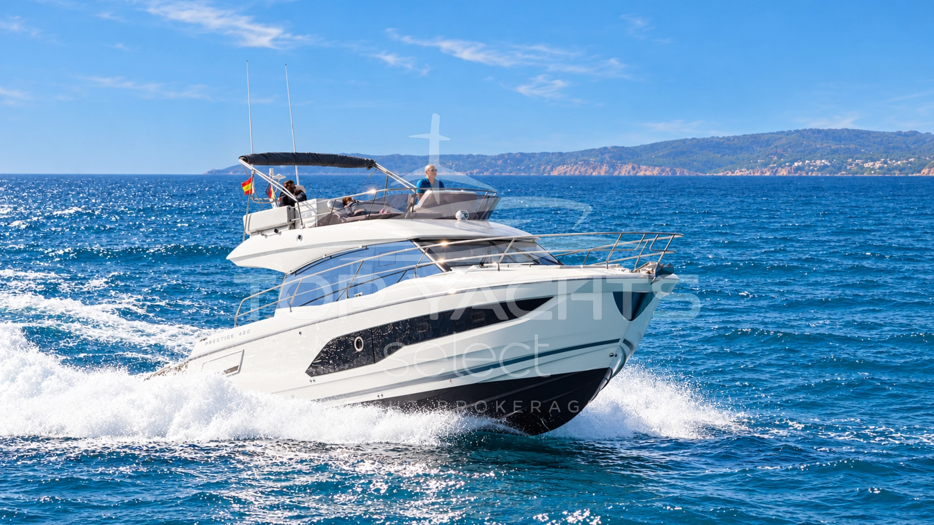 Prestige 420 in a Mediterranean bay